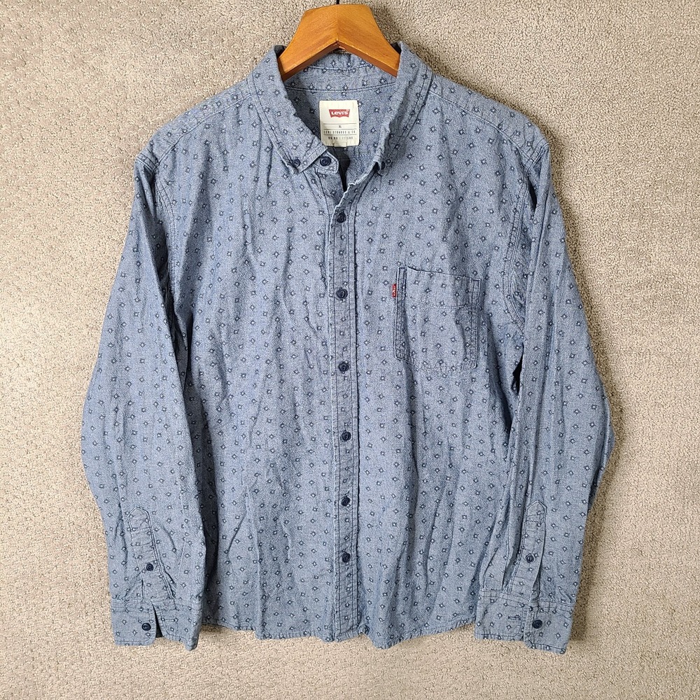 Levis Shirt Mens XL Blue Geometric Print Button Down Long Sleeve 100% Cotton